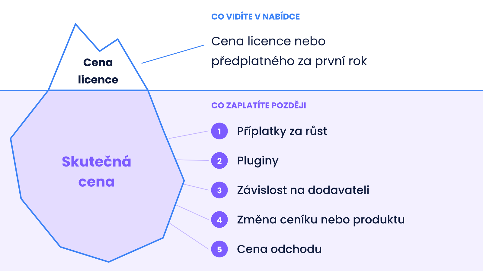 Ledovec nákladů: nad hladinou cena licence, pod hladinou příplatky za růst, pluginy, závislost na dodavateli, změny ceníku nebo produktu a cena odchodu
